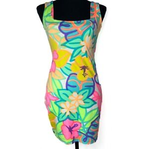 Vintage Y2K Bodycon‎ Mini Tank Dress Colorful Tropical Moda Intl Size XS Rayon